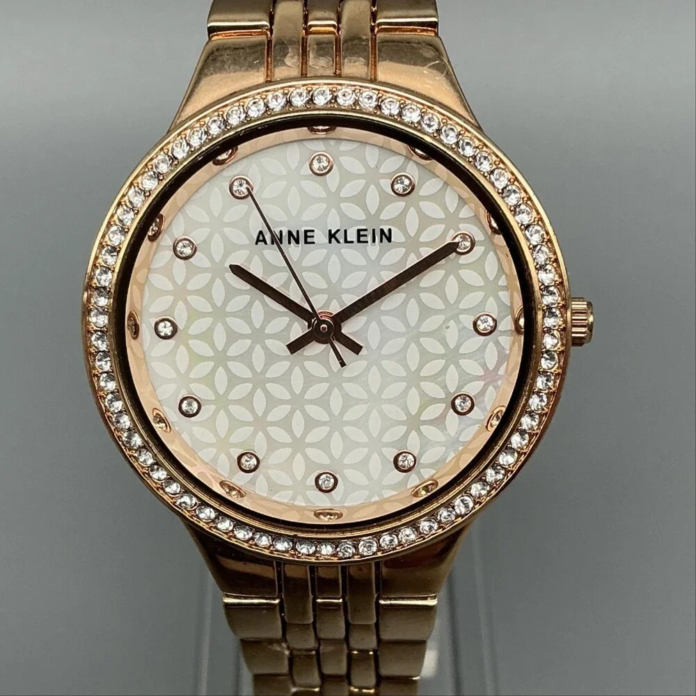 Anne Klein AK/3816 Womens Watch 34mm Rose Gold Tone Crystals New Battery 7.25